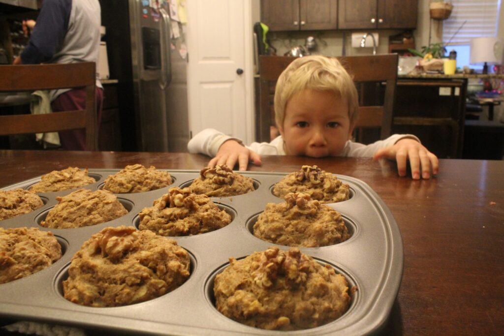 Young boy staring at apple banana muffins ready to eat.