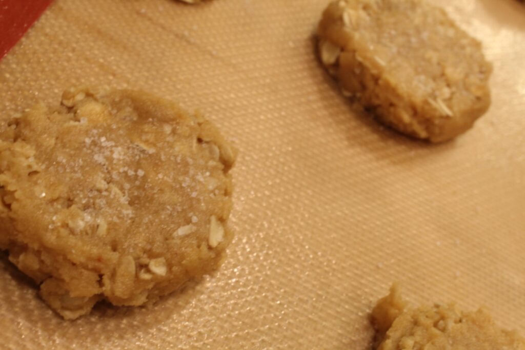 Natural peanut butter oatmeal cookie dough sprinkled with salt.