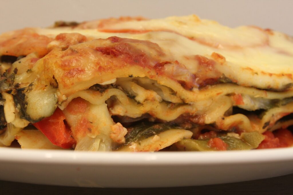 Close up shot of Veggie lovers lasagna.