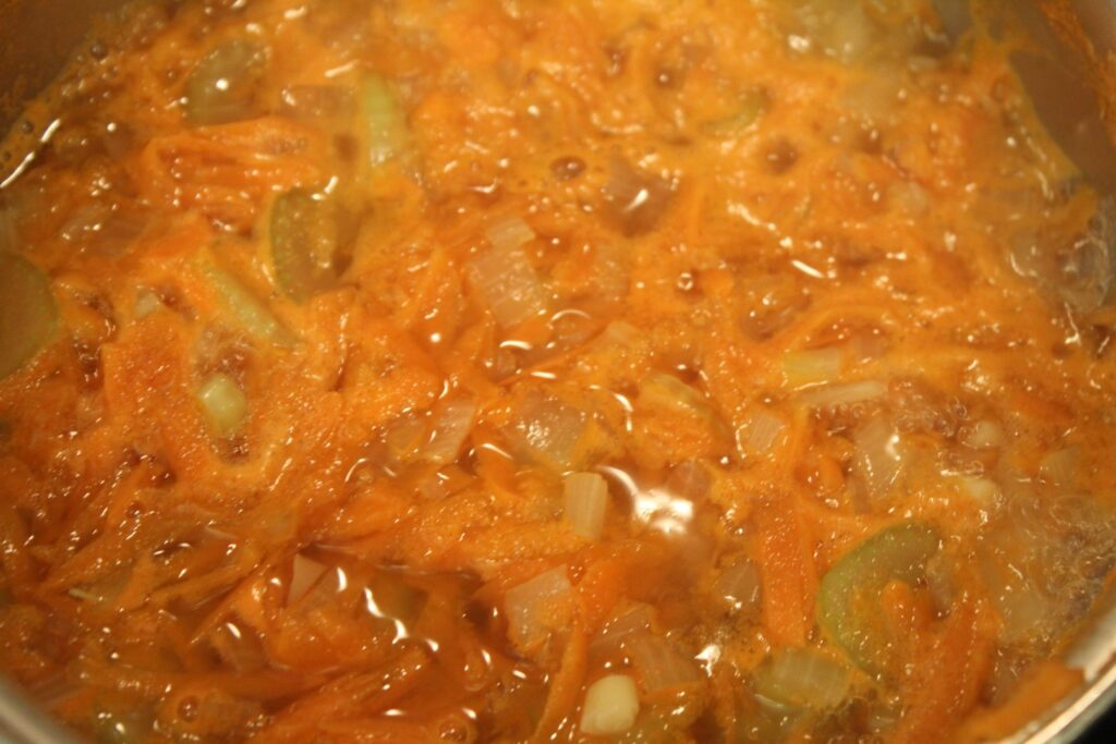 Simmered grated and diced veggies.