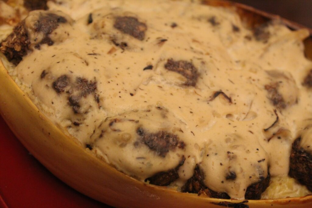 Baked vegetarian meatball spaghetti squash stroganoff.