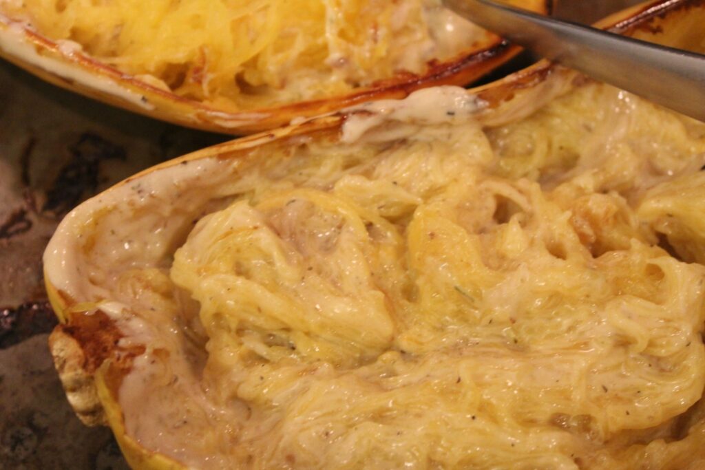 Stroganoff sauce mixed into spaghetti squash. 