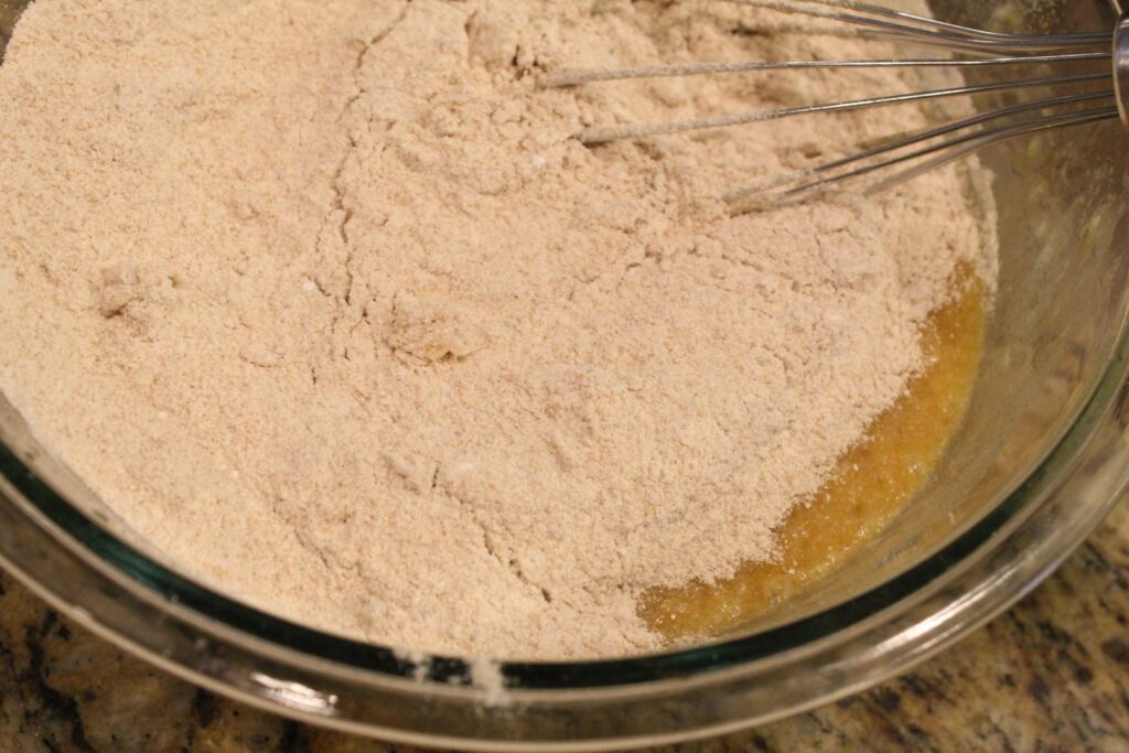 dry ingredients mixed on top of wet ones.