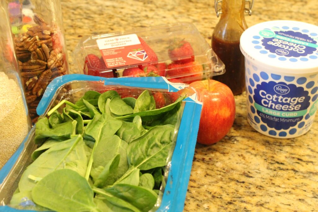 Ingredients for strawberry spinach salad.