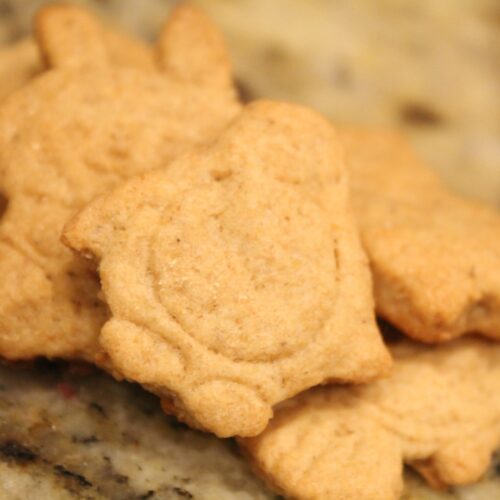 Close up of whole wheat animal shaped graham crackers.