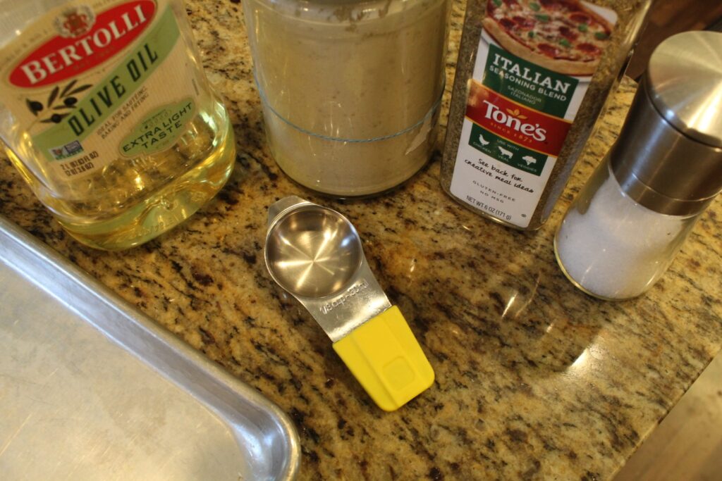 Ingredients for 3 ingredient sourdough discard crackers.