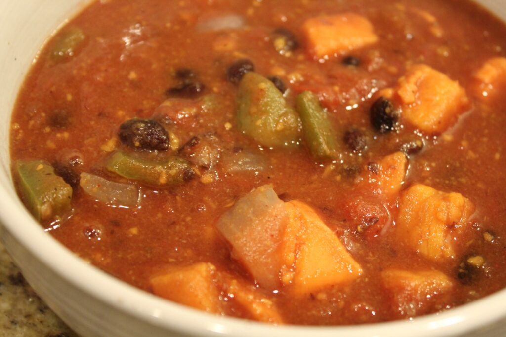 Vegetable based sweet potato black bean chili.