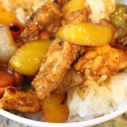 from scratch sweet and sour chicken on rice.