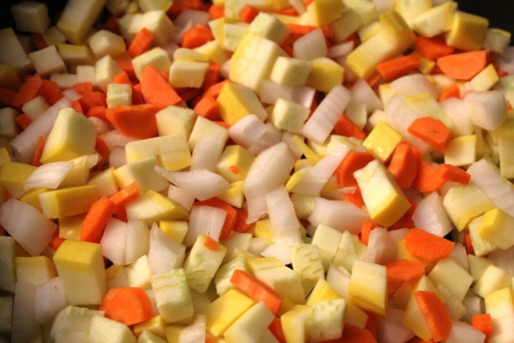 Diced carrot onion and yellow squash.