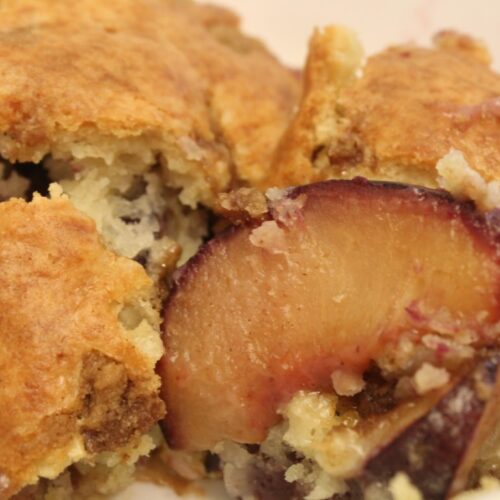 A piece of sourdough plum cobbler.