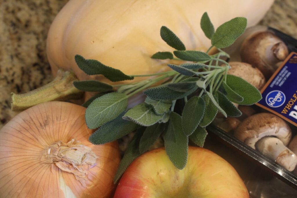 butternut squash, apple, onion, mushrooms, and fresh sage. 