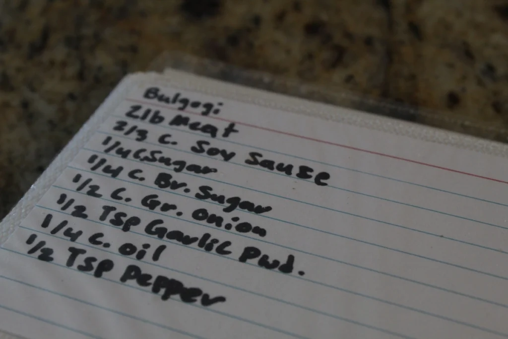 hand written list or ingredients for Beef Bulgogi Marinade.