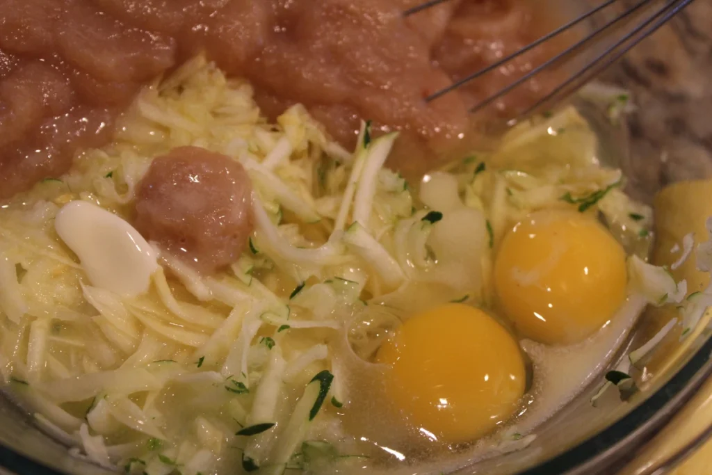 Shreddded zucchini topped with applesauce, eggs, and melted butter.