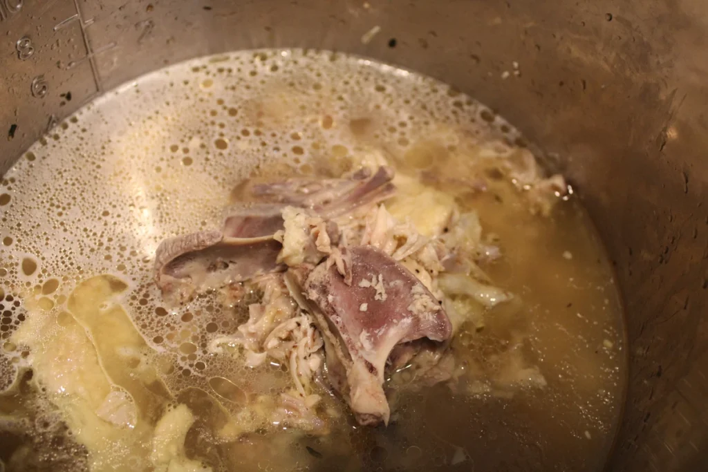 chicken bones in broth. 