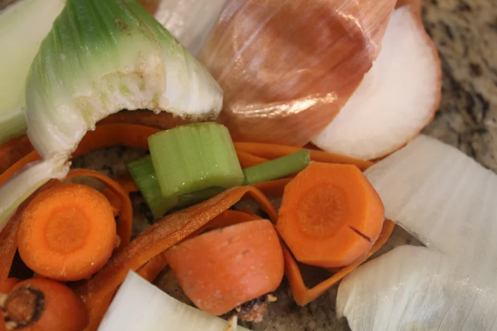 celery, carrot, and onion scraps.