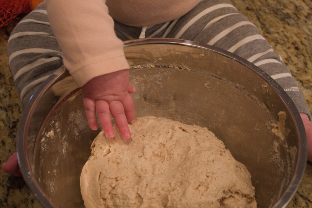baby fingering roughly mixed whole wheat pizza dough