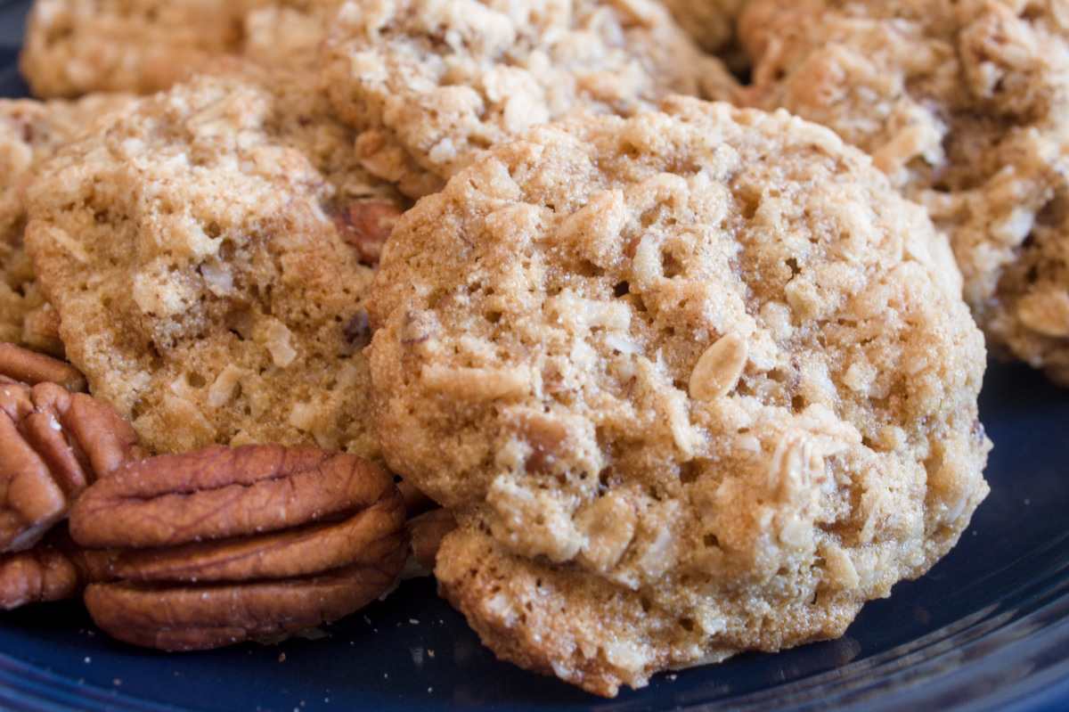 close up picture of banana coconut pecan cookie.
