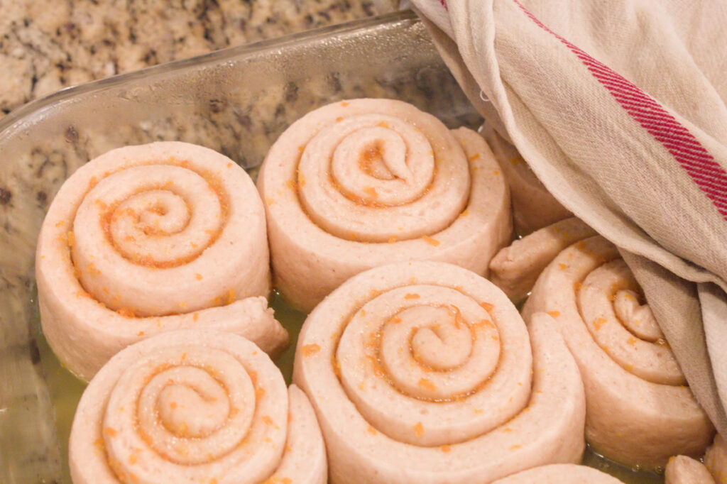 Sourdough orange rolls rising under a damp cloth.
